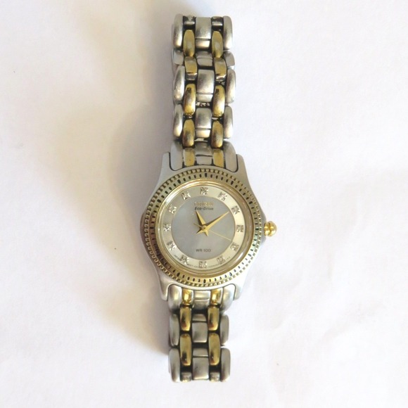 Citizen Eco-Drive Womens Two Tone Watch Mother of Pearl Sapphire Jeweled Dial